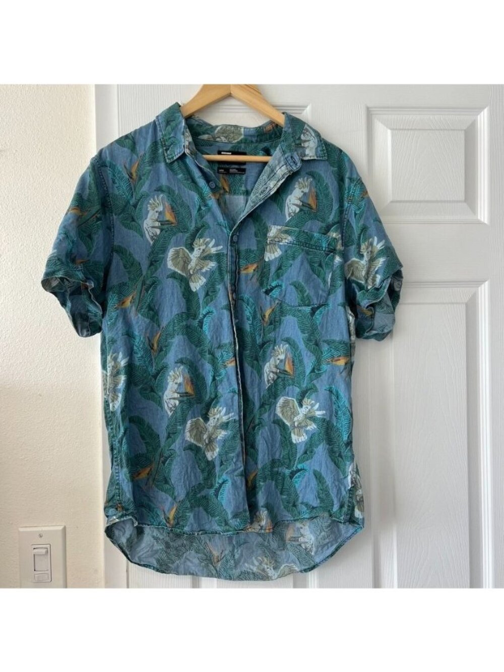 Men's Button Down Cotton Tropical Bird Pattern Polo Shirt Size Large
